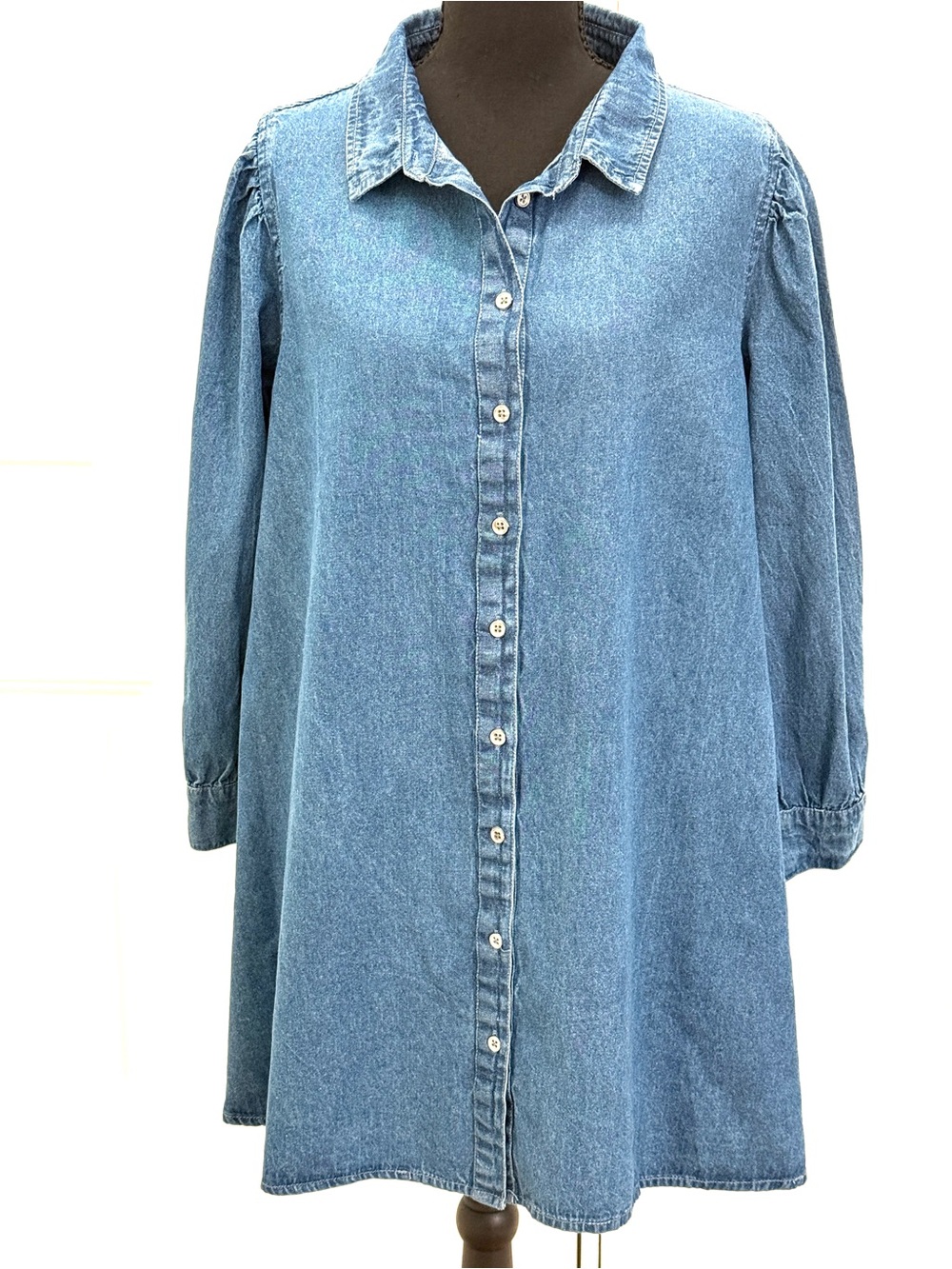 Light Blue Denim Midi Shirt Dress - Casual Button-Front